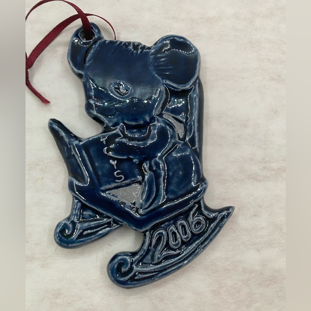 Rowe Pottery salt glaze rocking mouse cobalt blue 2006 Christmas ornament